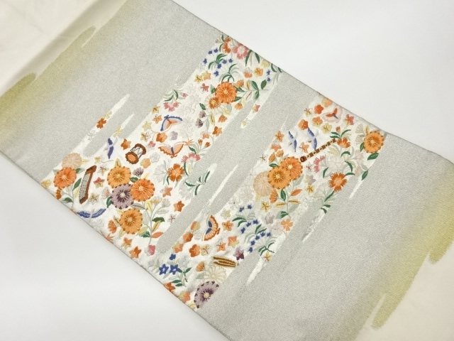 リサイクル　花々に蝶・鳥・和楽器模様織出し名古屋帯